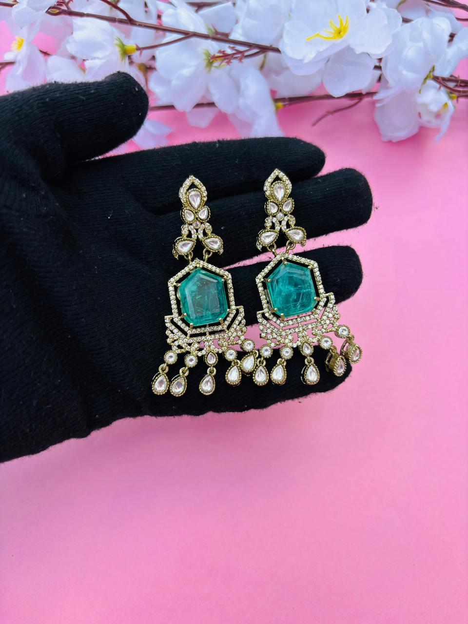 Gold Plated Green Stone Chandelier Earrings for Women, Wedding Wear - Image 3