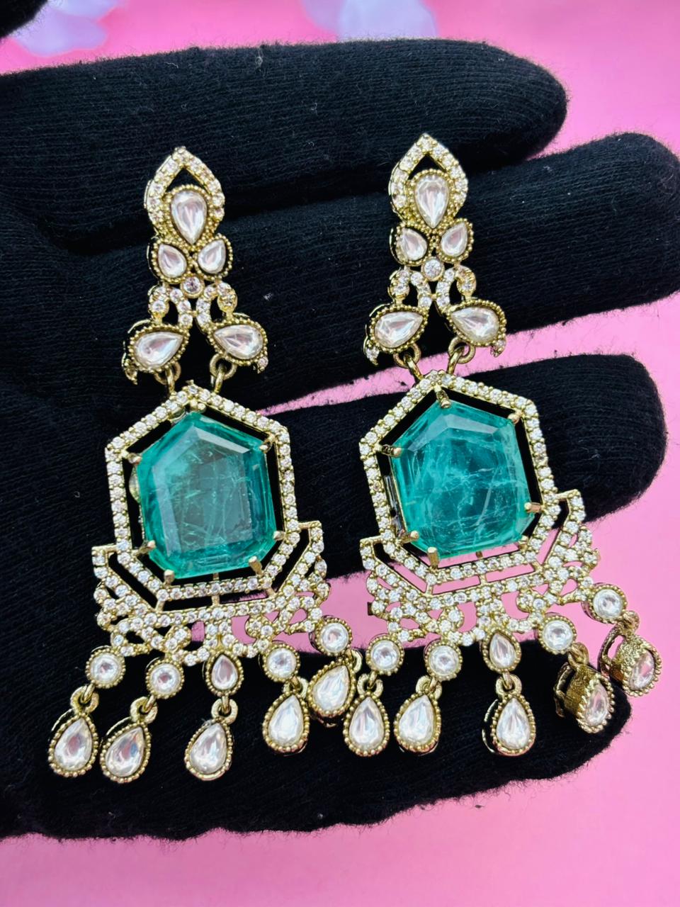 Gold Plated Green Stone Chandelier Earrings for Women, Wedding Wear - Image 5