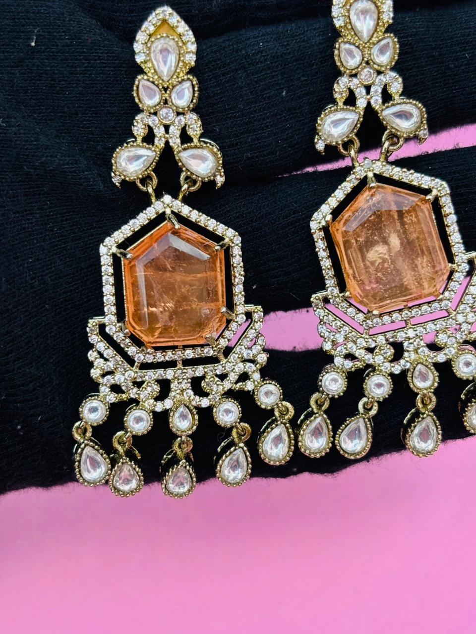 Gold Plated Orange Stone Chandelier Earrings for Women, Wedding Wear - Image 5