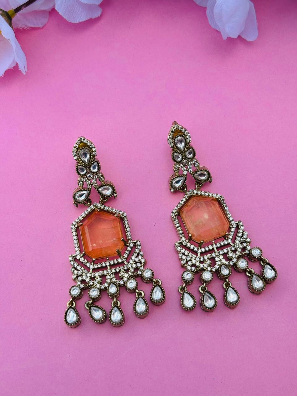 Gold Plated Orange Stone Chandelier Earrings for Women, Wedding Wear - Image 4