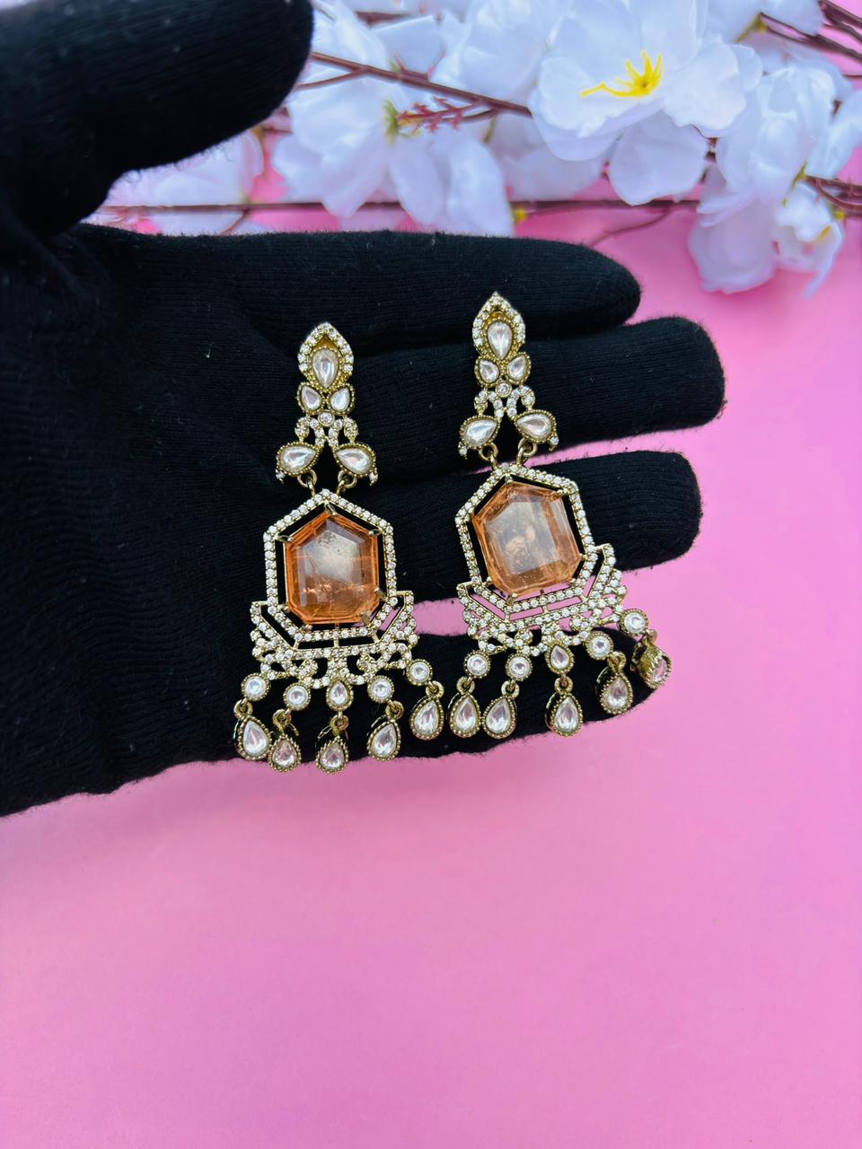 Gold Plated Orange Stone Chandelier Earrings for Women, Wedding Wear - Image 3