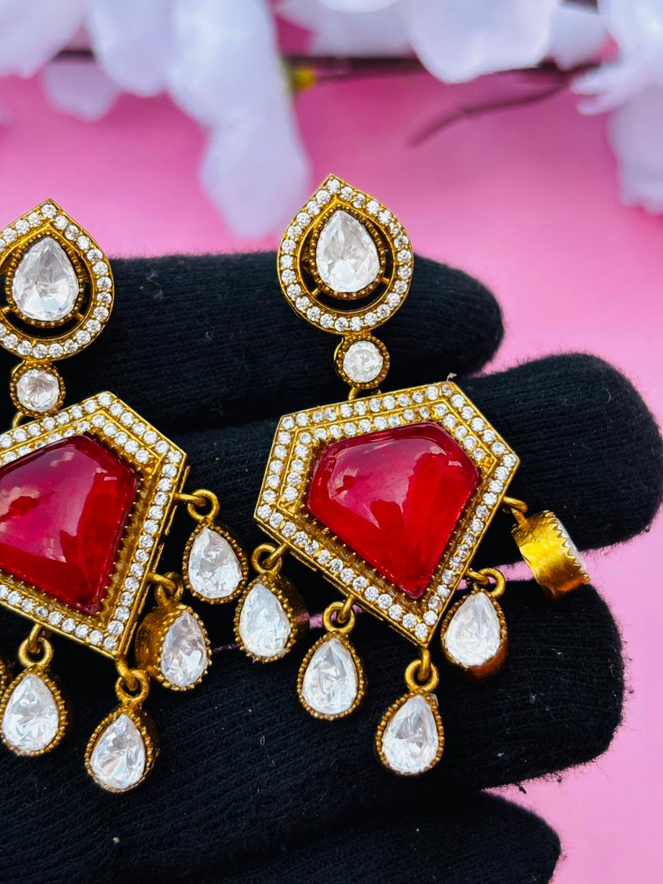 Gold Plated Red Kundan Pentagon Drop Earrings - Image 5