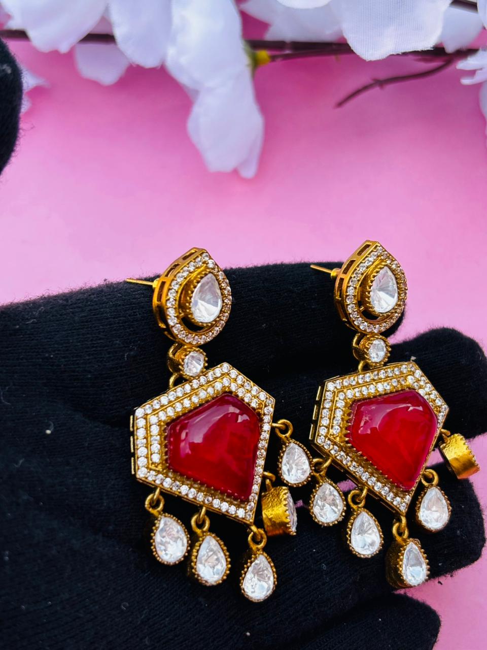 Gold Plated Red Kundan Pentagon Drop Earrings - Image 6
