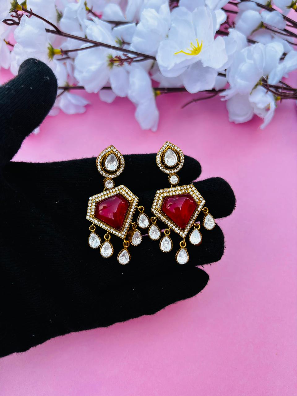 Gold Plated Red Kundan Pentagon Drop Earrings - Image 3
