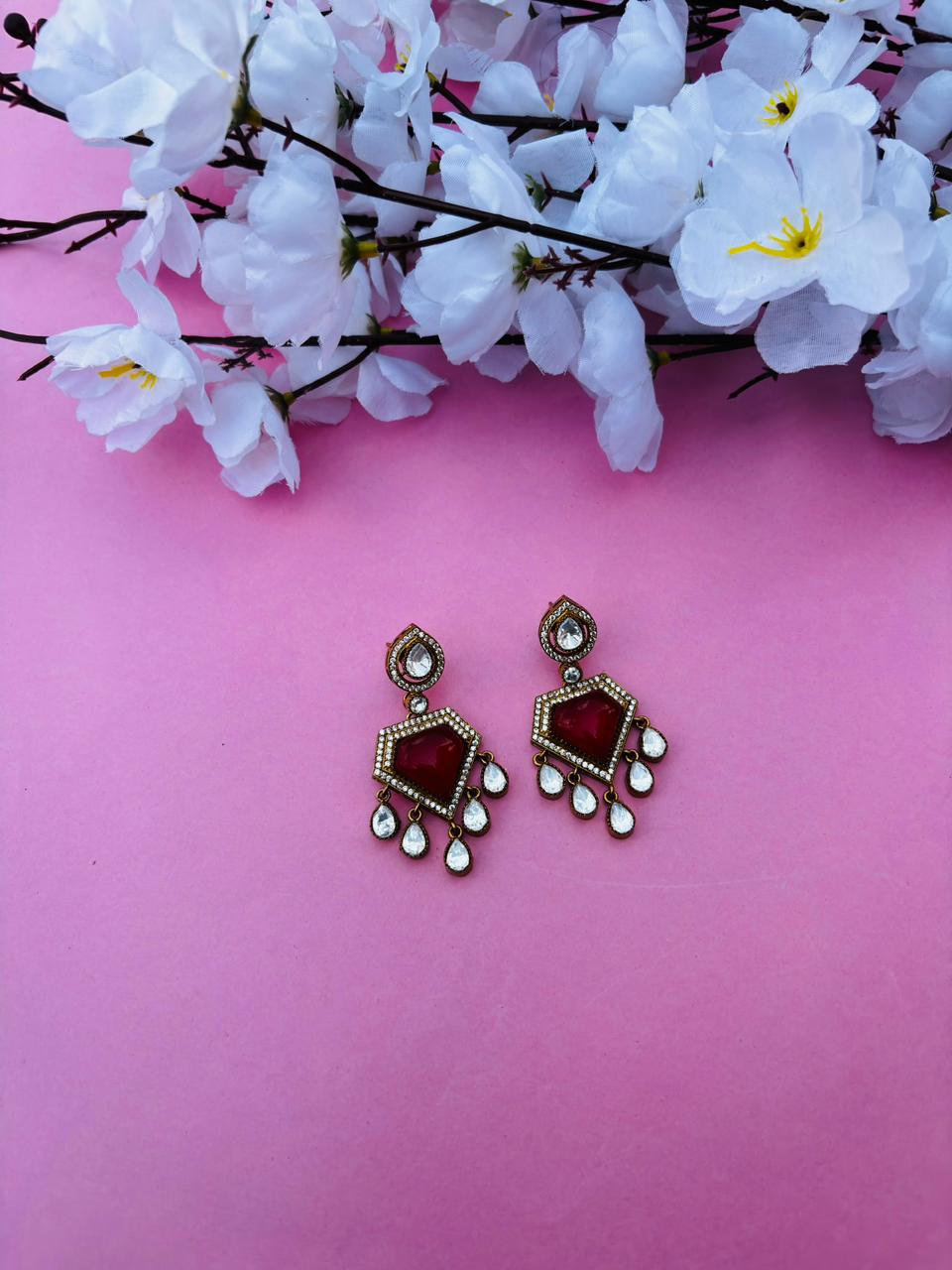 Gold Plated Red Kundan Pentagon Drop Earrings - Image 2