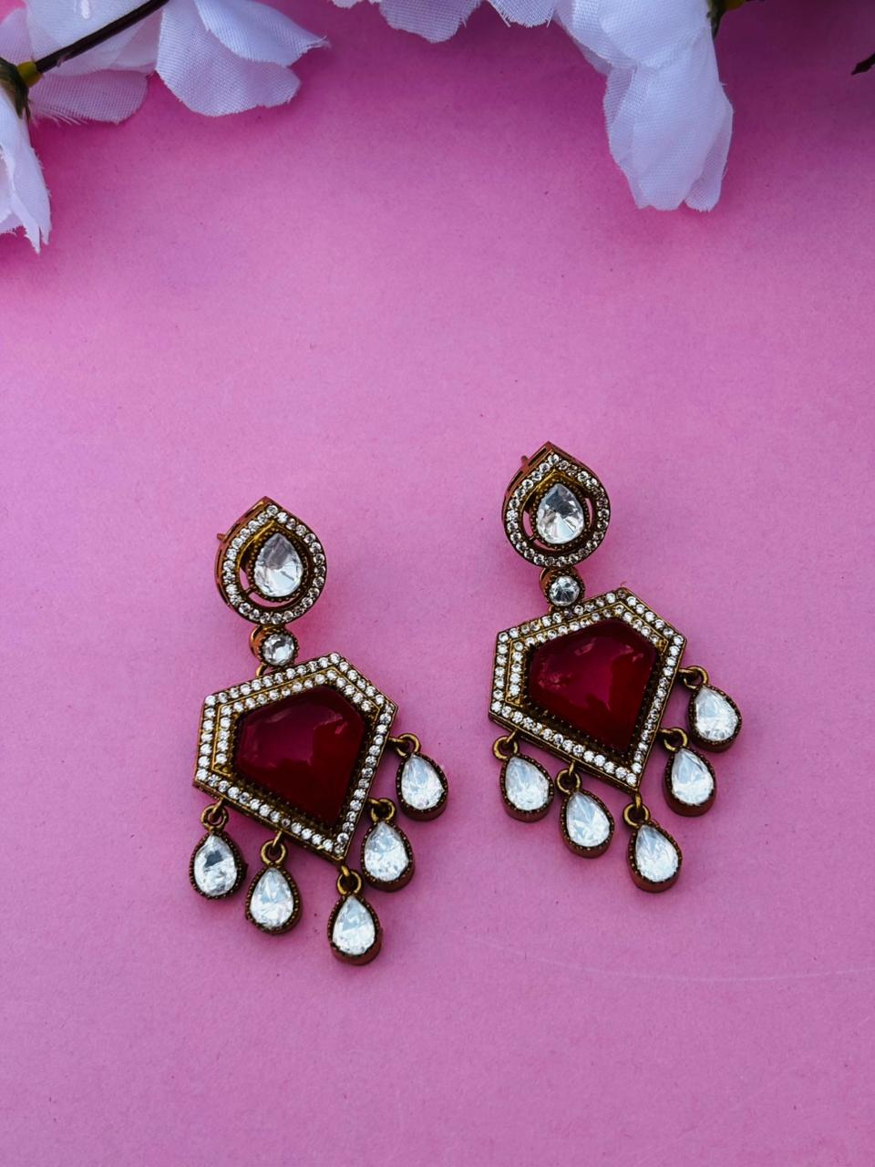 Gold Plated Red Kundan Pentagon Drop Earrings - Image 4