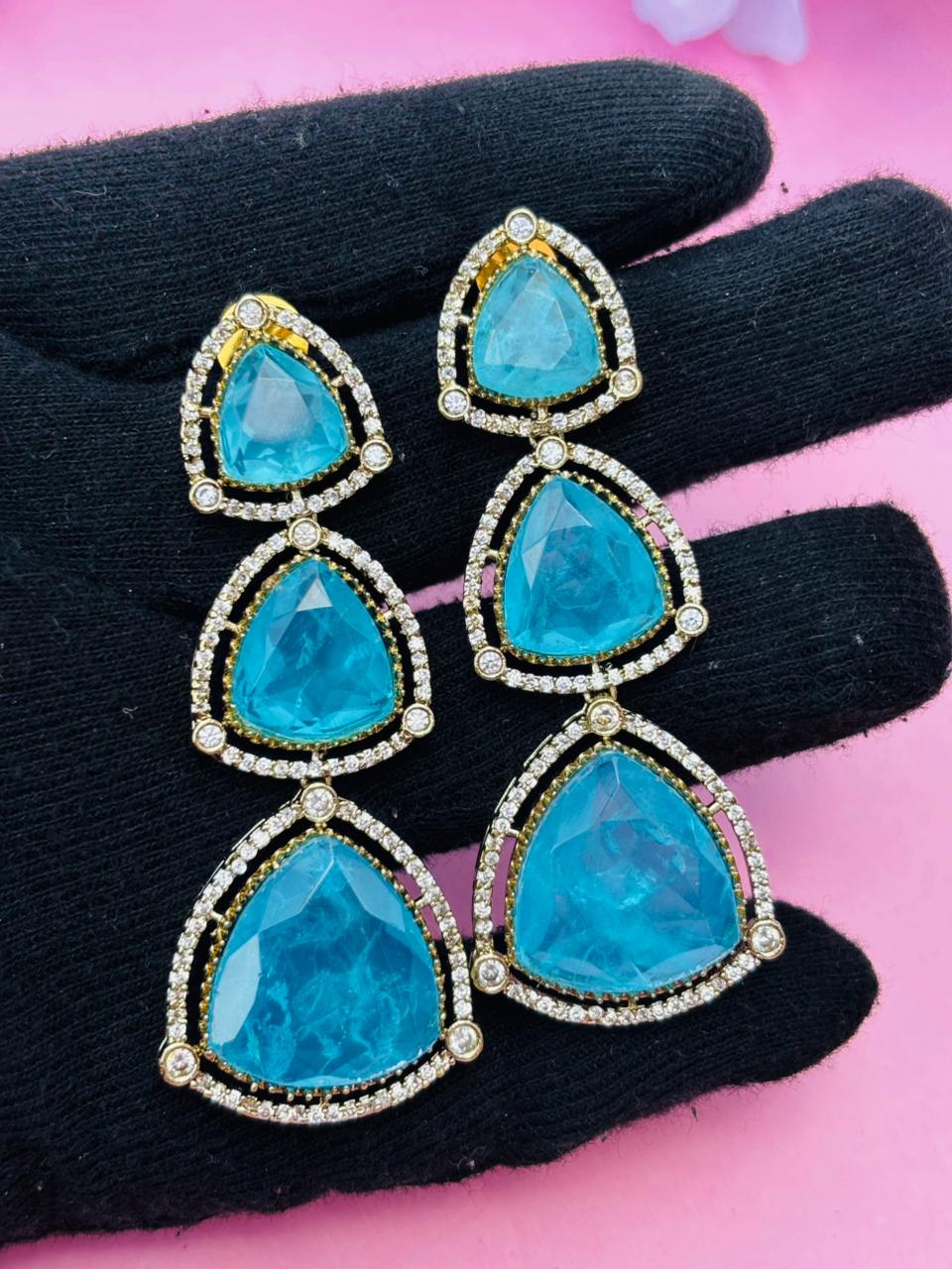 Blue Trillion Cut Stone Tiered Drop Earrings - Image 5