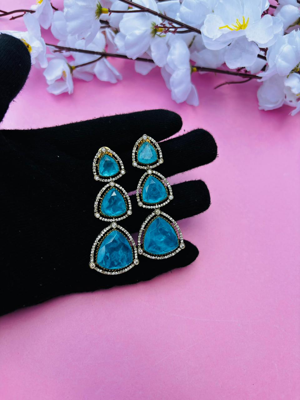 Blue Trillion Cut Stone Tiered Drop Earrings - Image 3