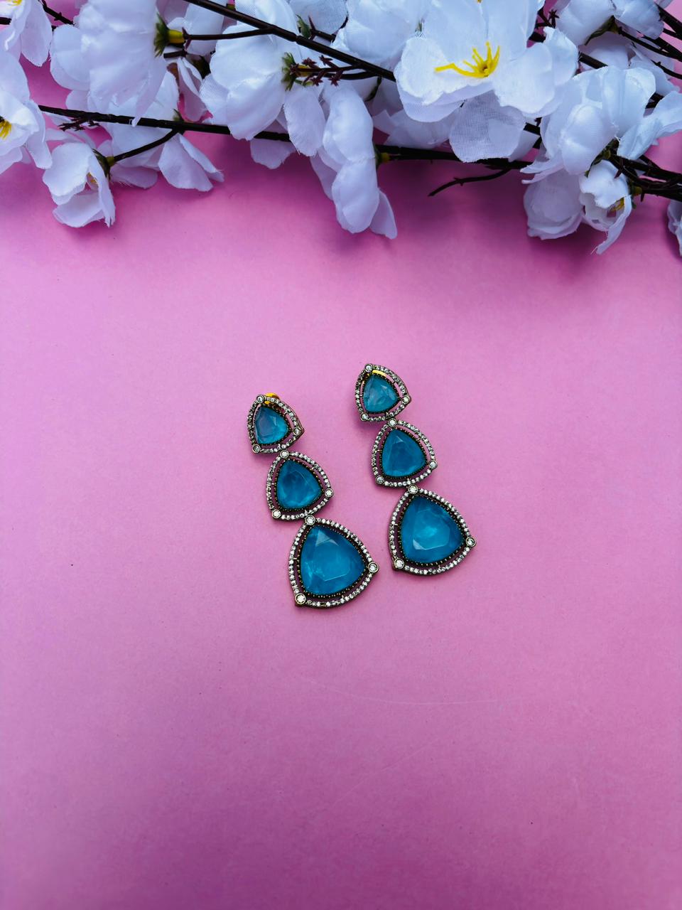 Blue Trillion Cut Stone Tiered Drop Earrings - Image 2