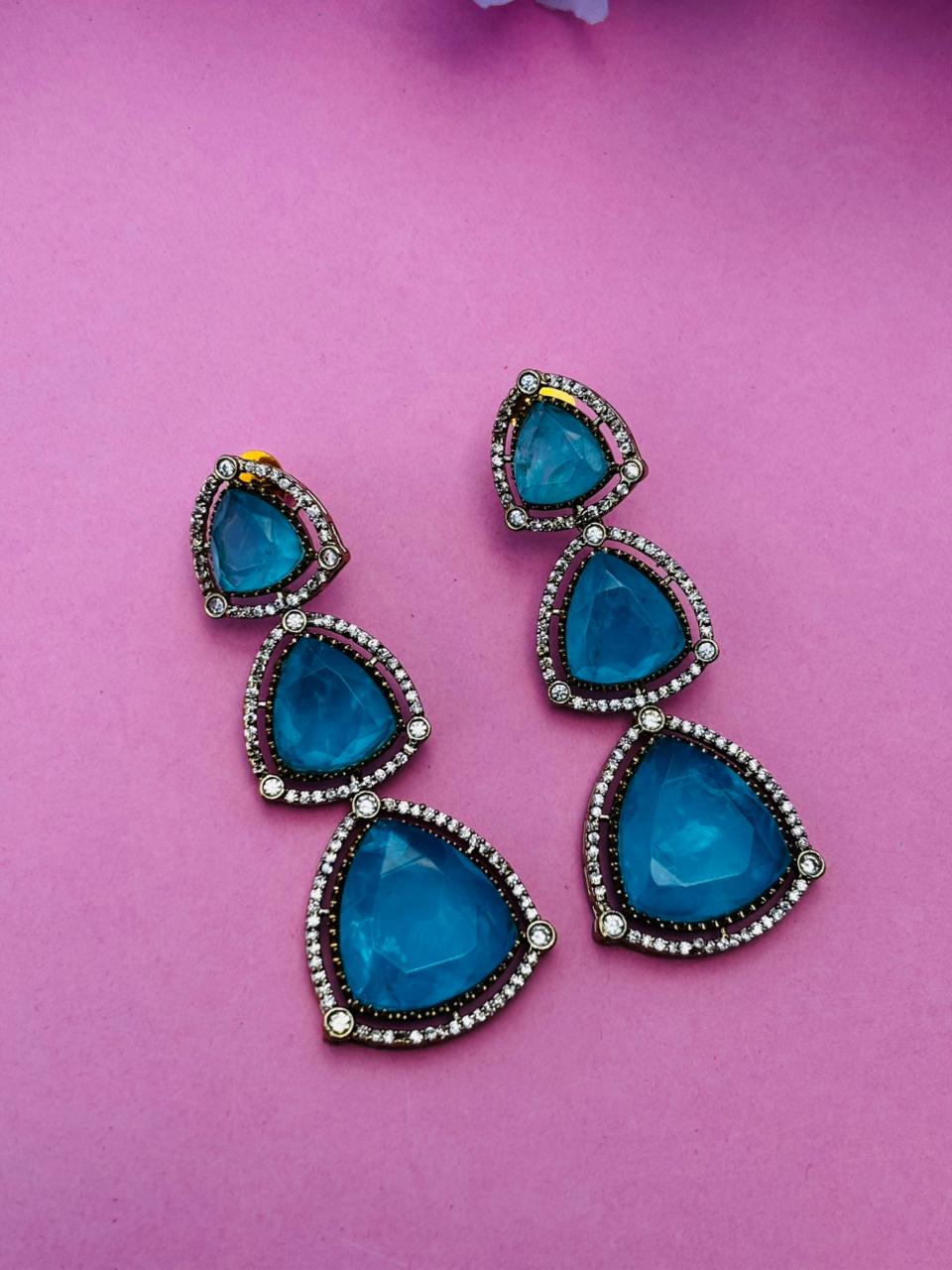 Blue Trillion Cut Stone Tiered Drop Earrings - Image 4