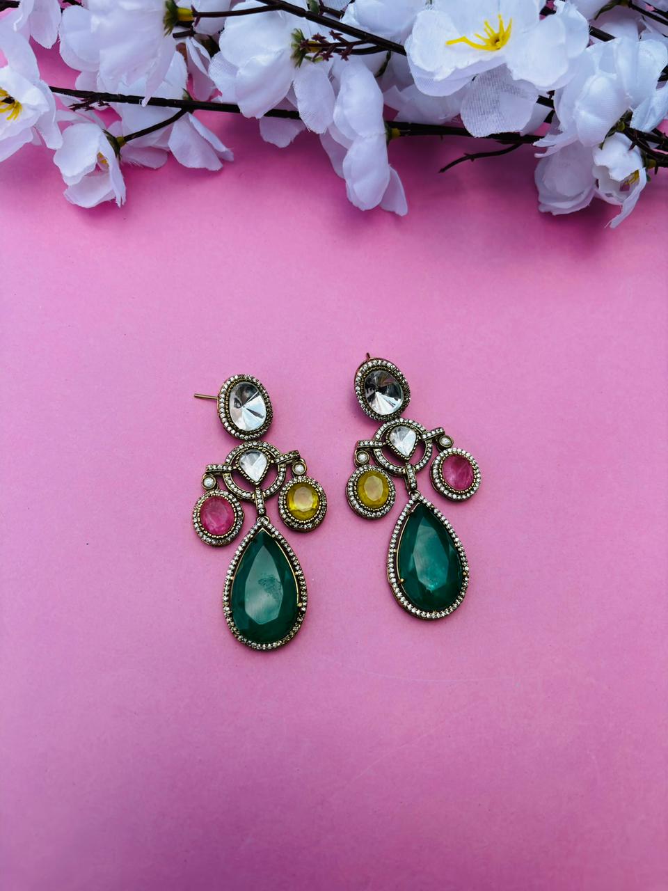 Gold Plated Multi Colour Stone Drop Earrings for Women, Party Wear - Image 2