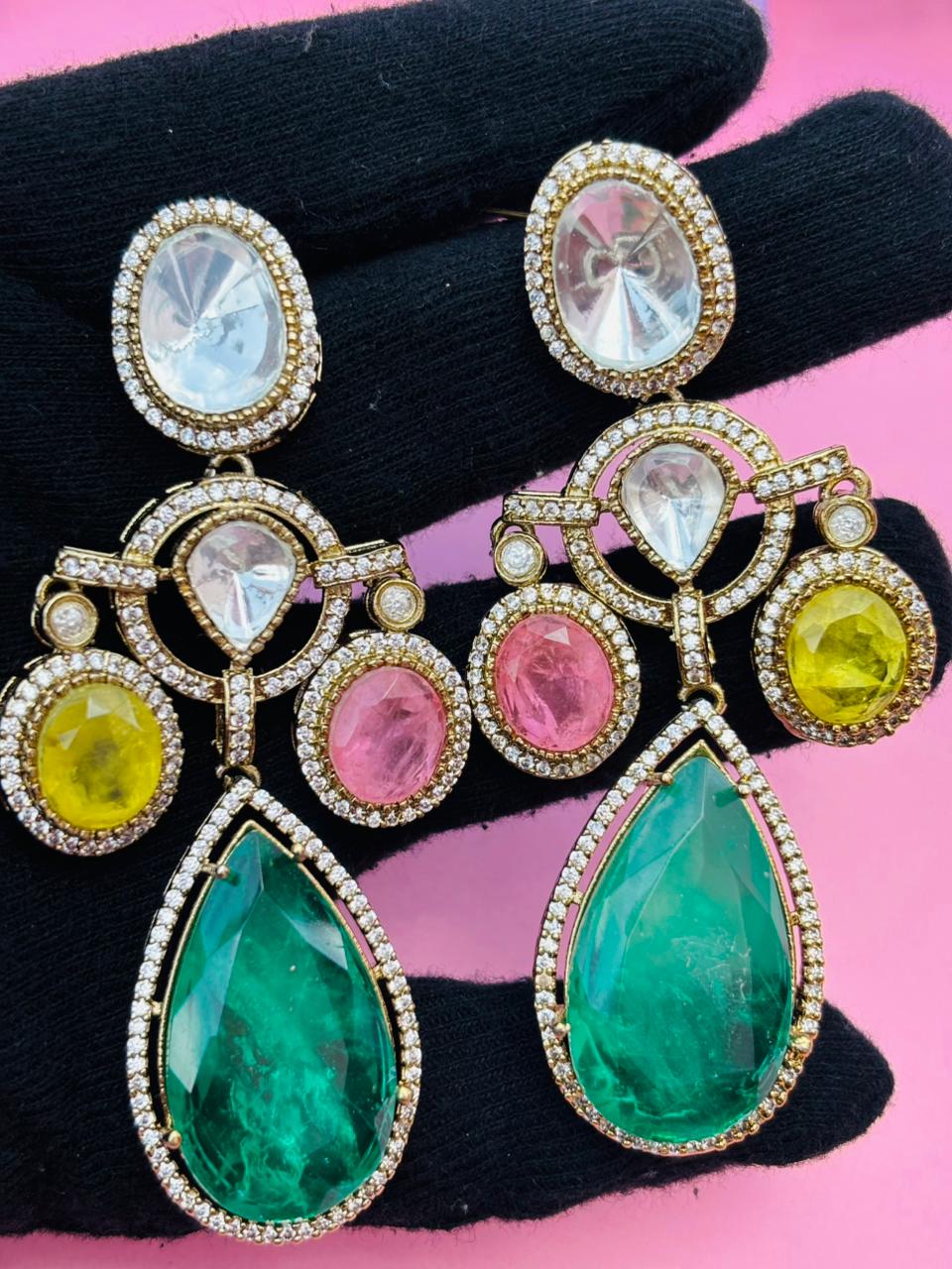 Gold Plated Multi Colour Stone Drop Earrings for Women, Party Wear - Image 4
