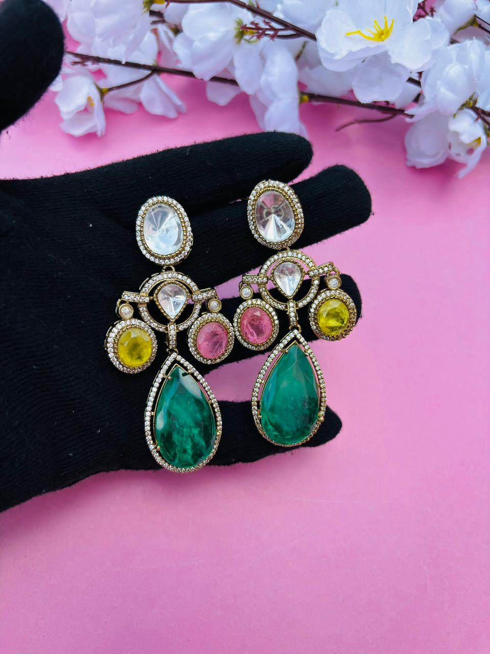 Gold Plated Multi Colour Stone Drop Earrings for Women, Party Wear - Image 3