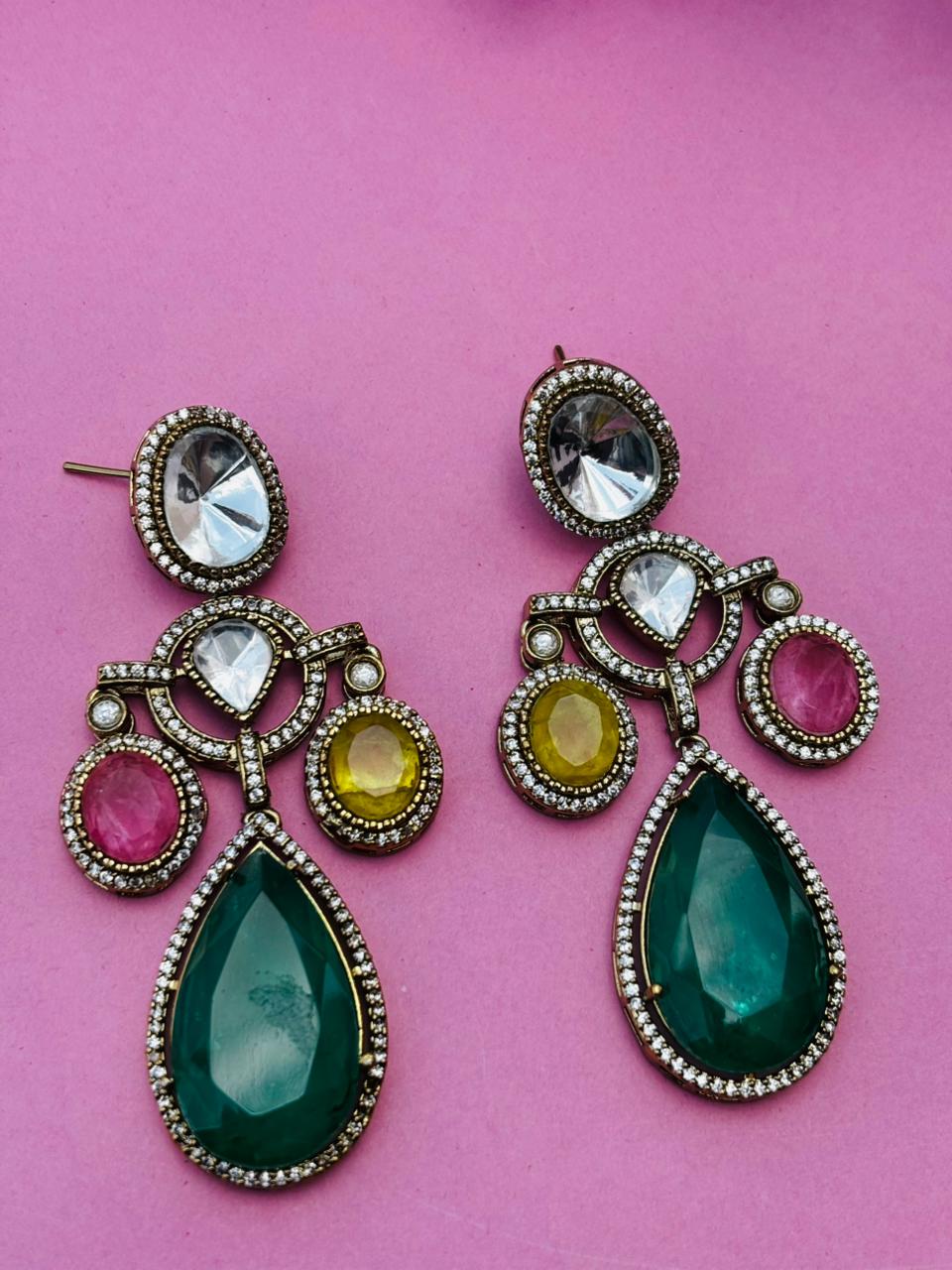 Gold Plated Multi Colour Stone Drop Earrings for Women, Party Wear - Image 5