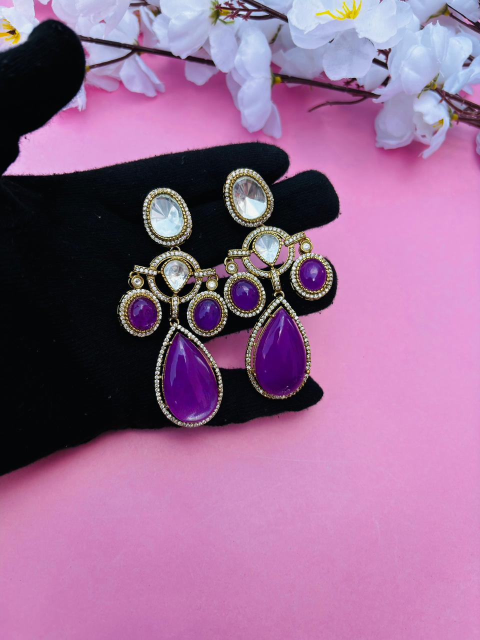 Gold Plated Purple Colour Stone Drop Earrings for Women, Party Wear - Image 3