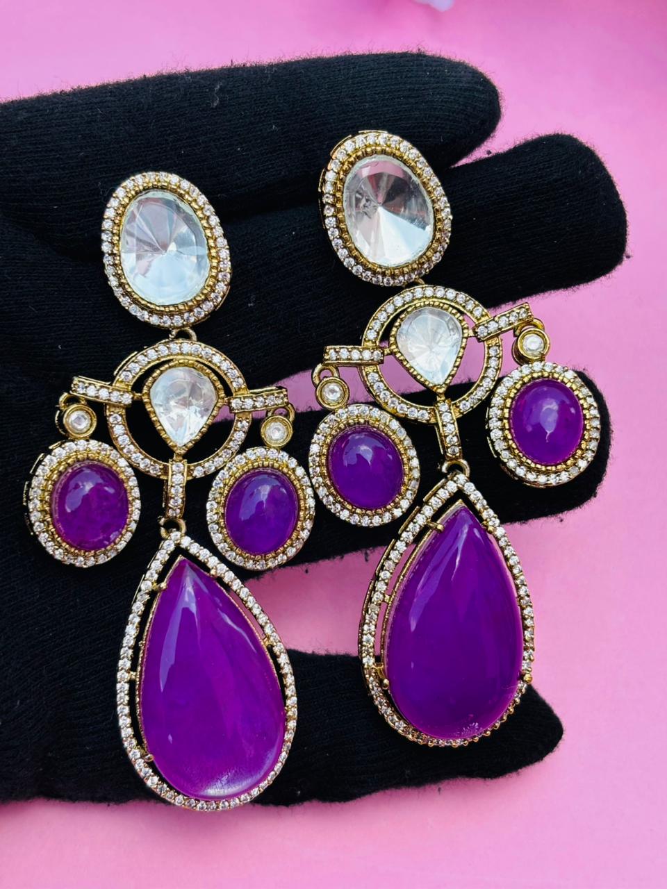 Gold Plated Purple Colour Stone Drop Earrings for Women, Party Wear - Image 4