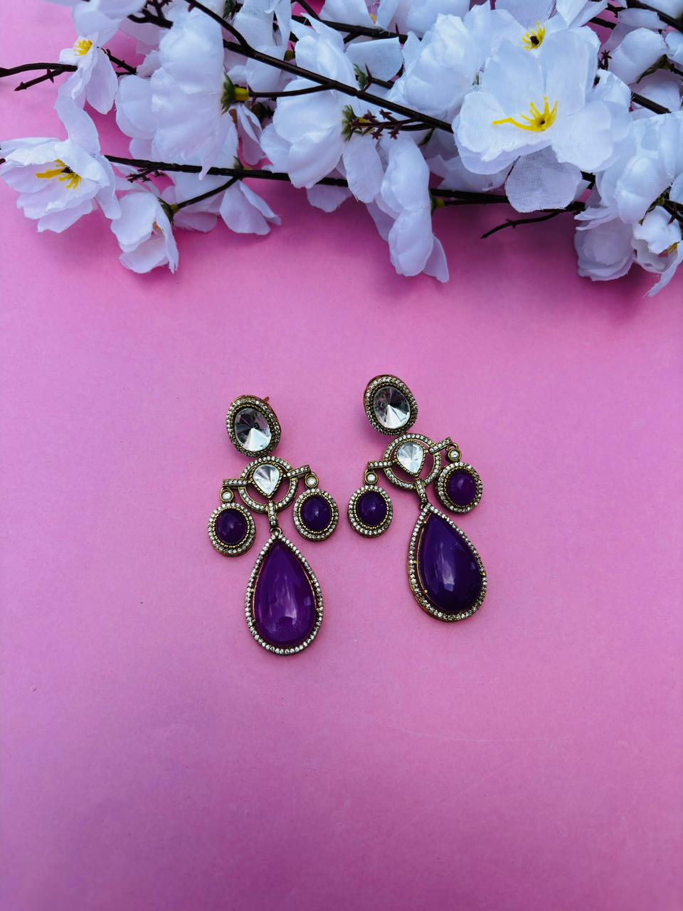 Gold Plated Purple Colour Stone Drop Earrings for Women, Party Wear - Image 2