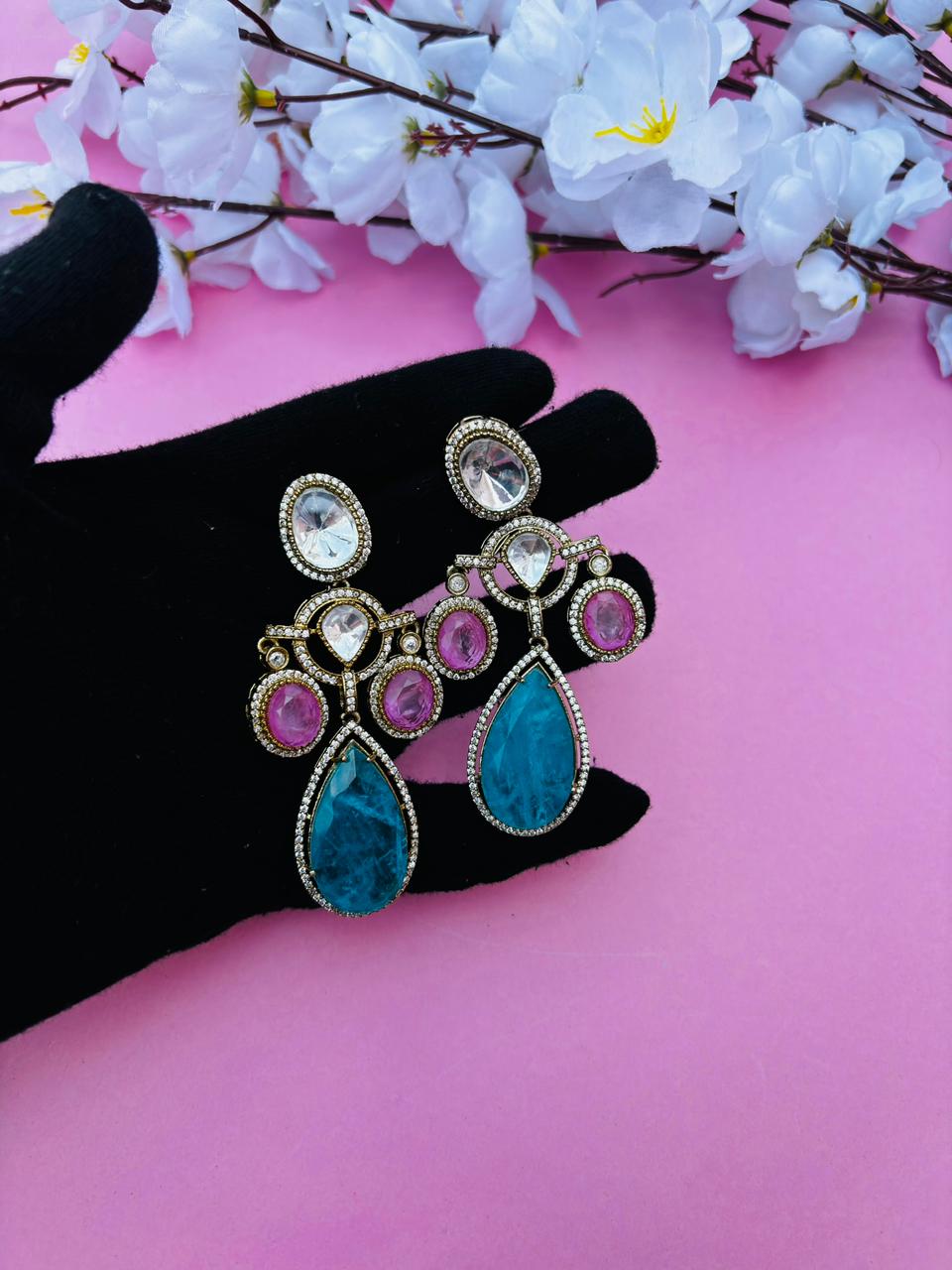Gold Plated Multi Colour Stone Drop Earrings for Women, Party Wear - Image 3