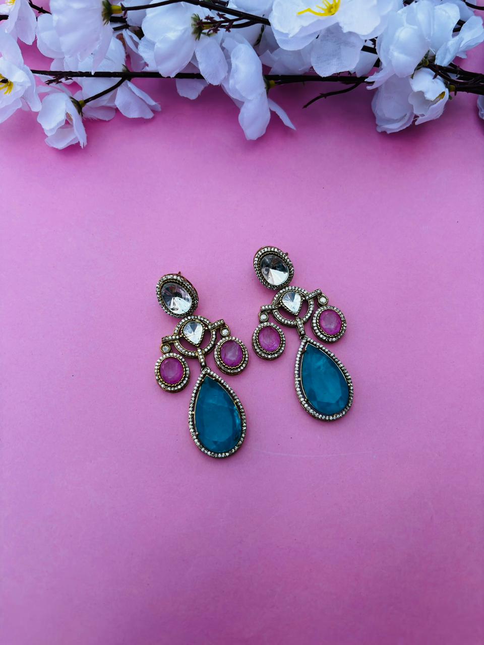 Gold Plated Multi Colour Stone Drop Earrings for Women, Party Wear - Image 2