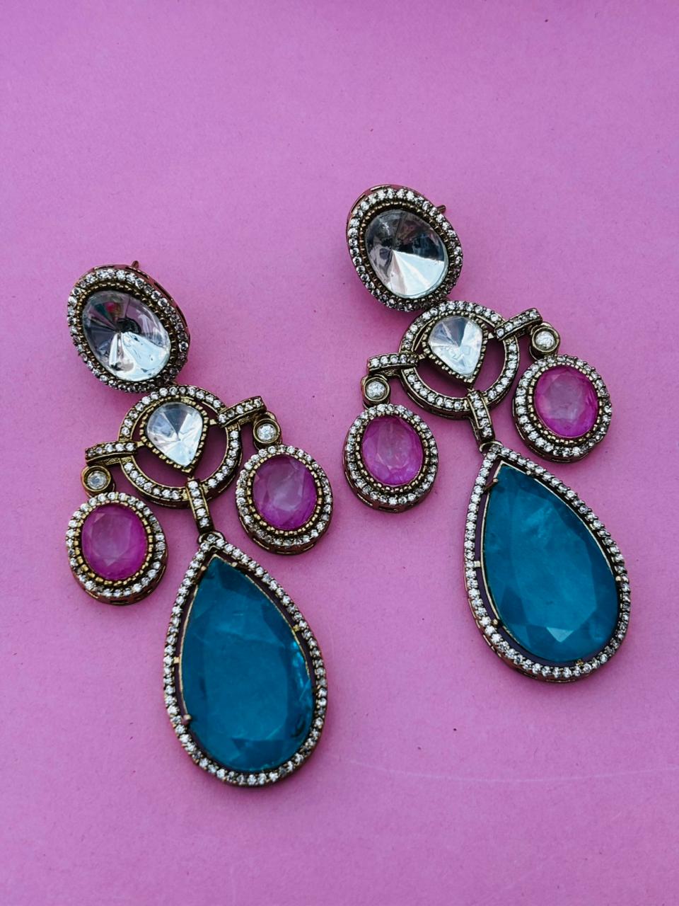 Gold Plated Multi Colour Stone Drop Earrings for Women, Party Wear - Image 5