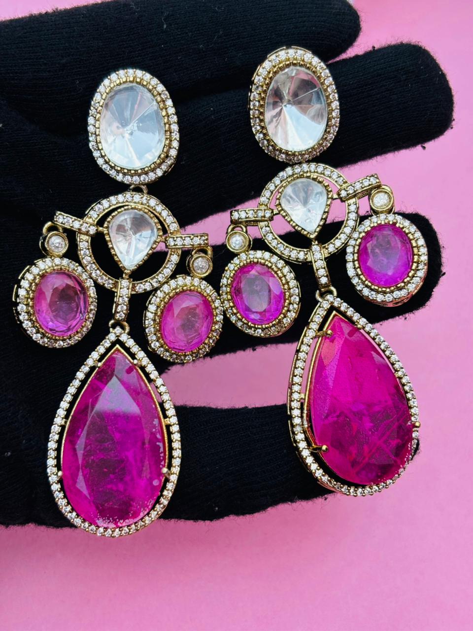 Gold Plated Pink Colour Stone Drop Earrings for Women, Party Wear - Image 5