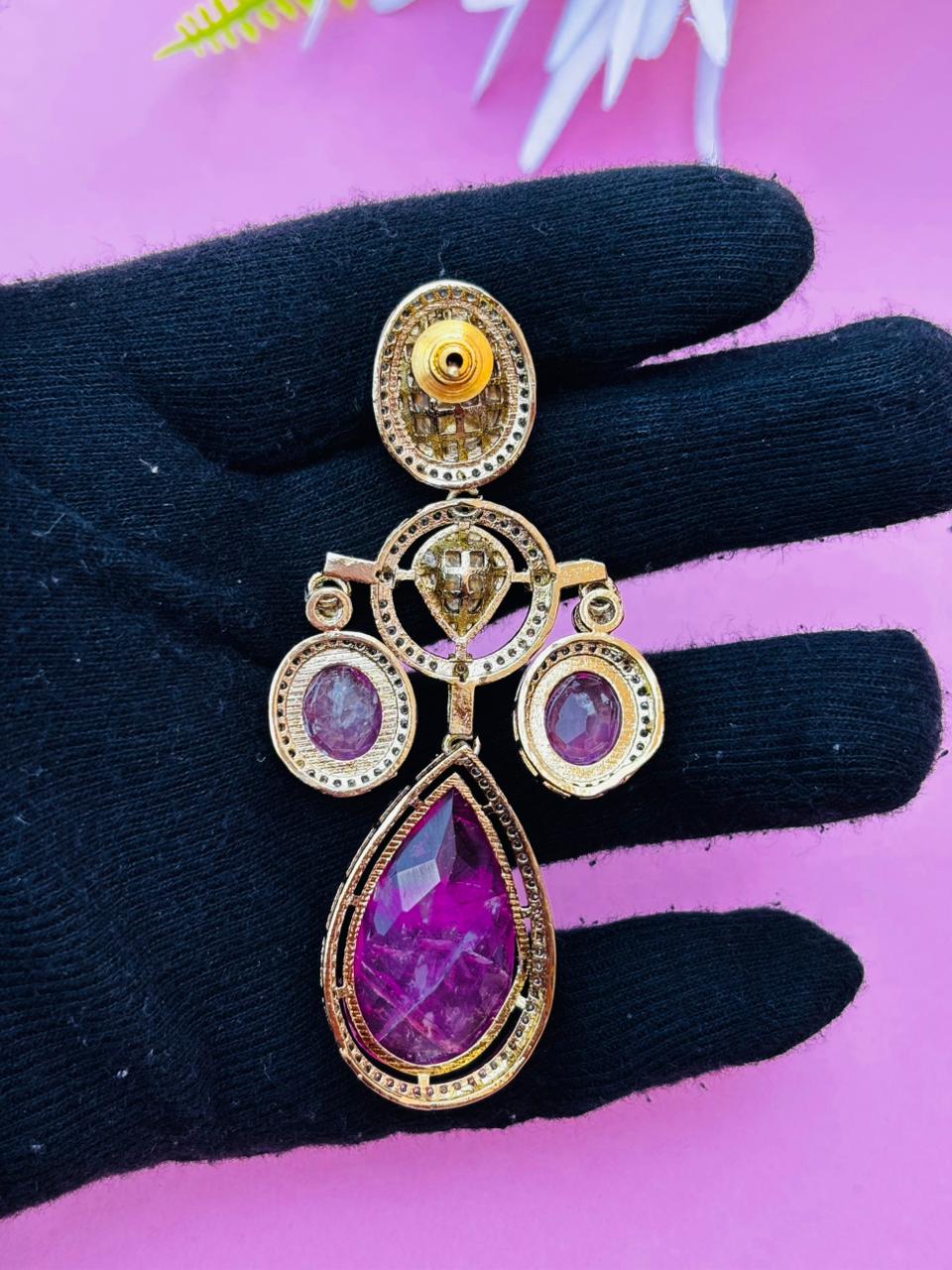Gold Plated Pink Colour Stone Drop Earrings for Women, Party Wear - Image 6