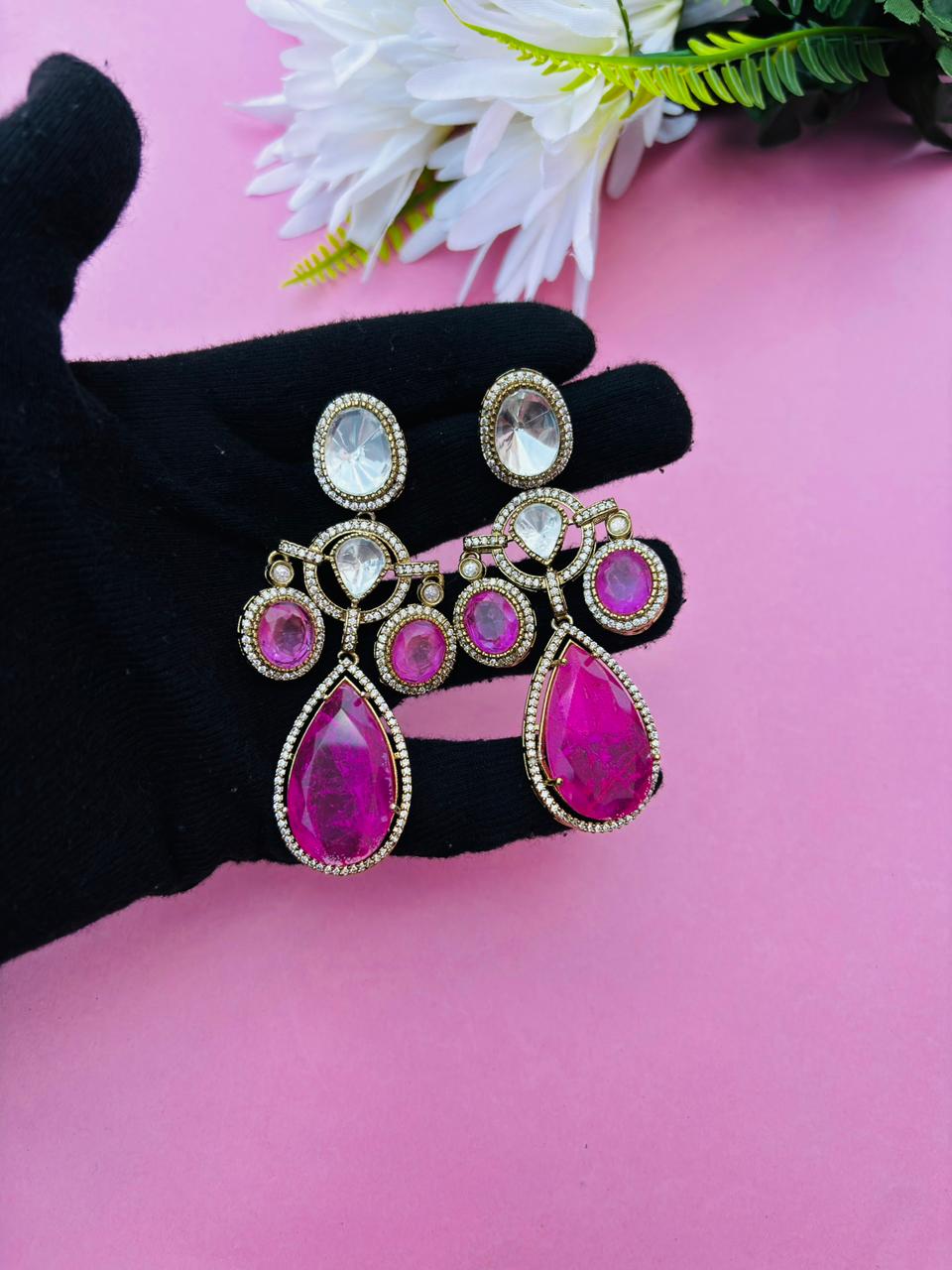 Gold Plated Pink Colour Stone Drop Earrings for Women, Party Wear - Image 3