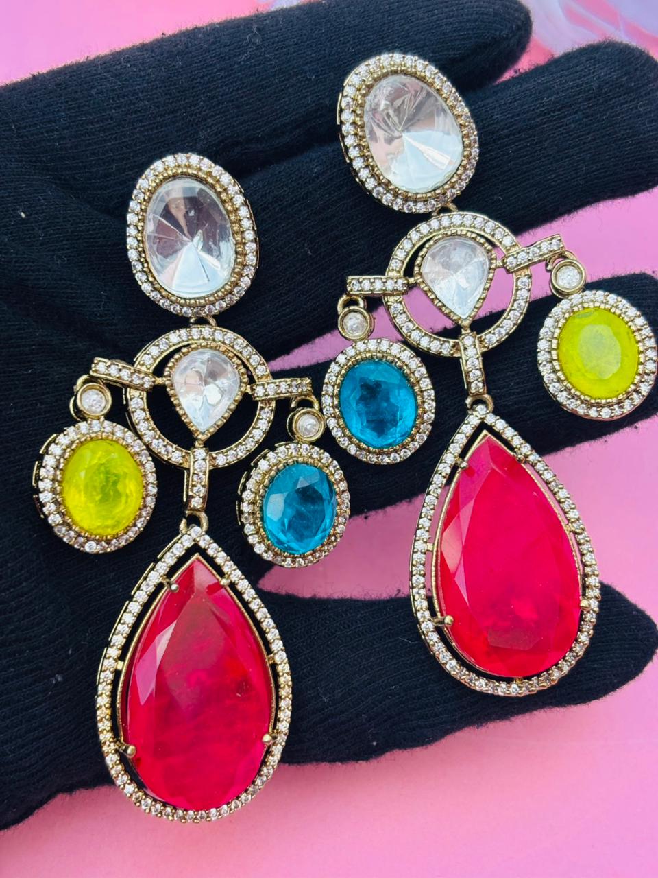 Gold Plated Multi-Color Stone Drop Earrings for Women, Party Wear - Image 6