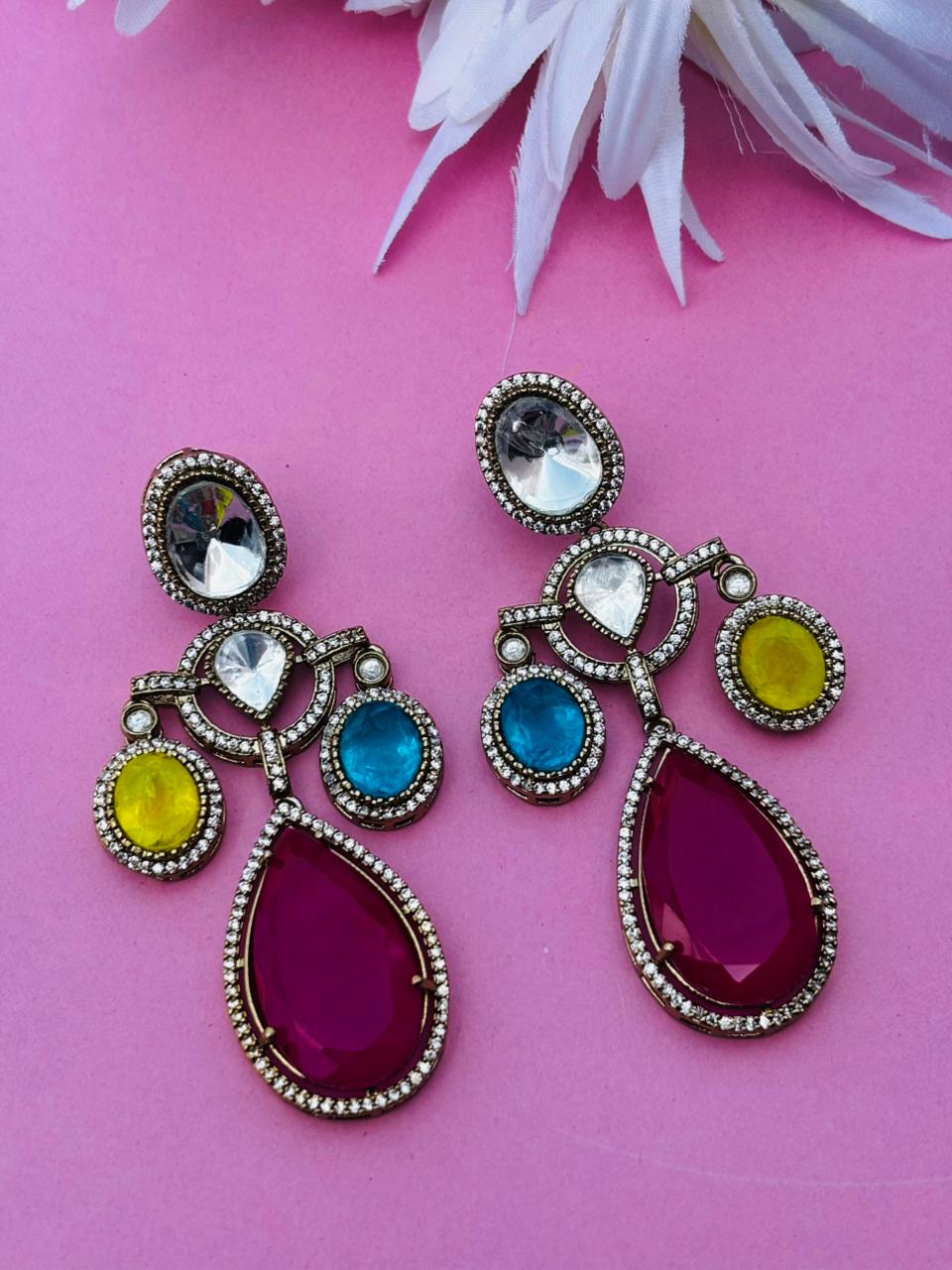 Gold Plated Multi-Color Stone Drop Earrings for Women, Party Wear - Image 4