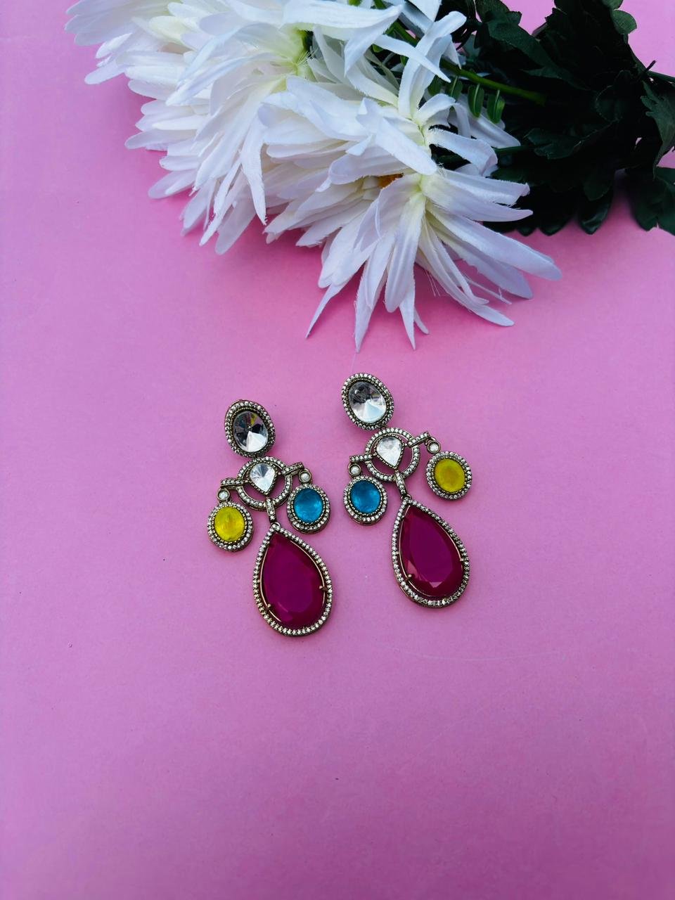 Gold Plated Multi-Color Stone Drop Earrings for Women, Party Wear - Image 2