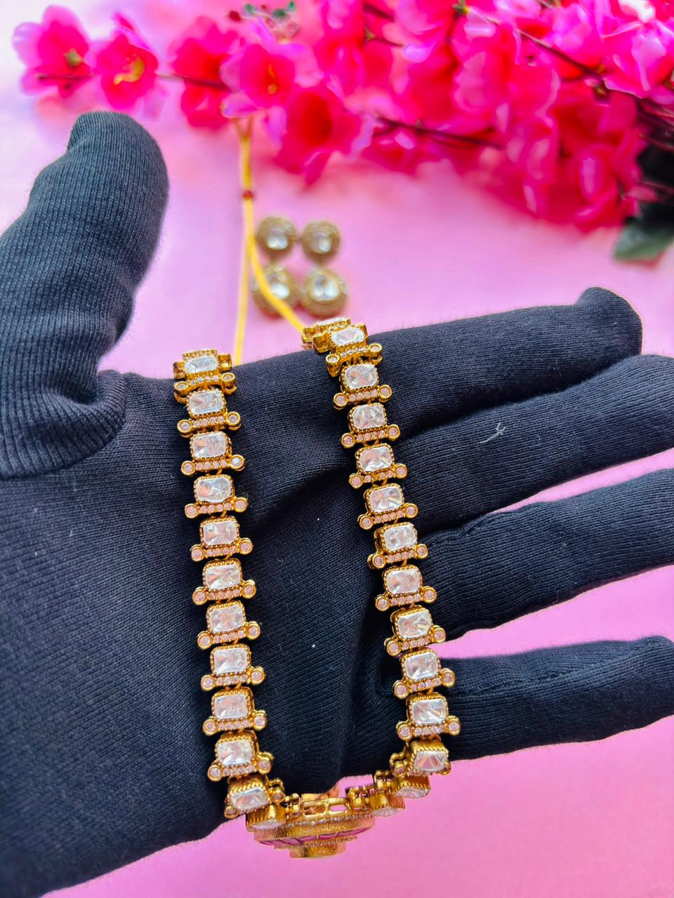Kundan Ruby Pendant Chain Necklace Set - Image 6