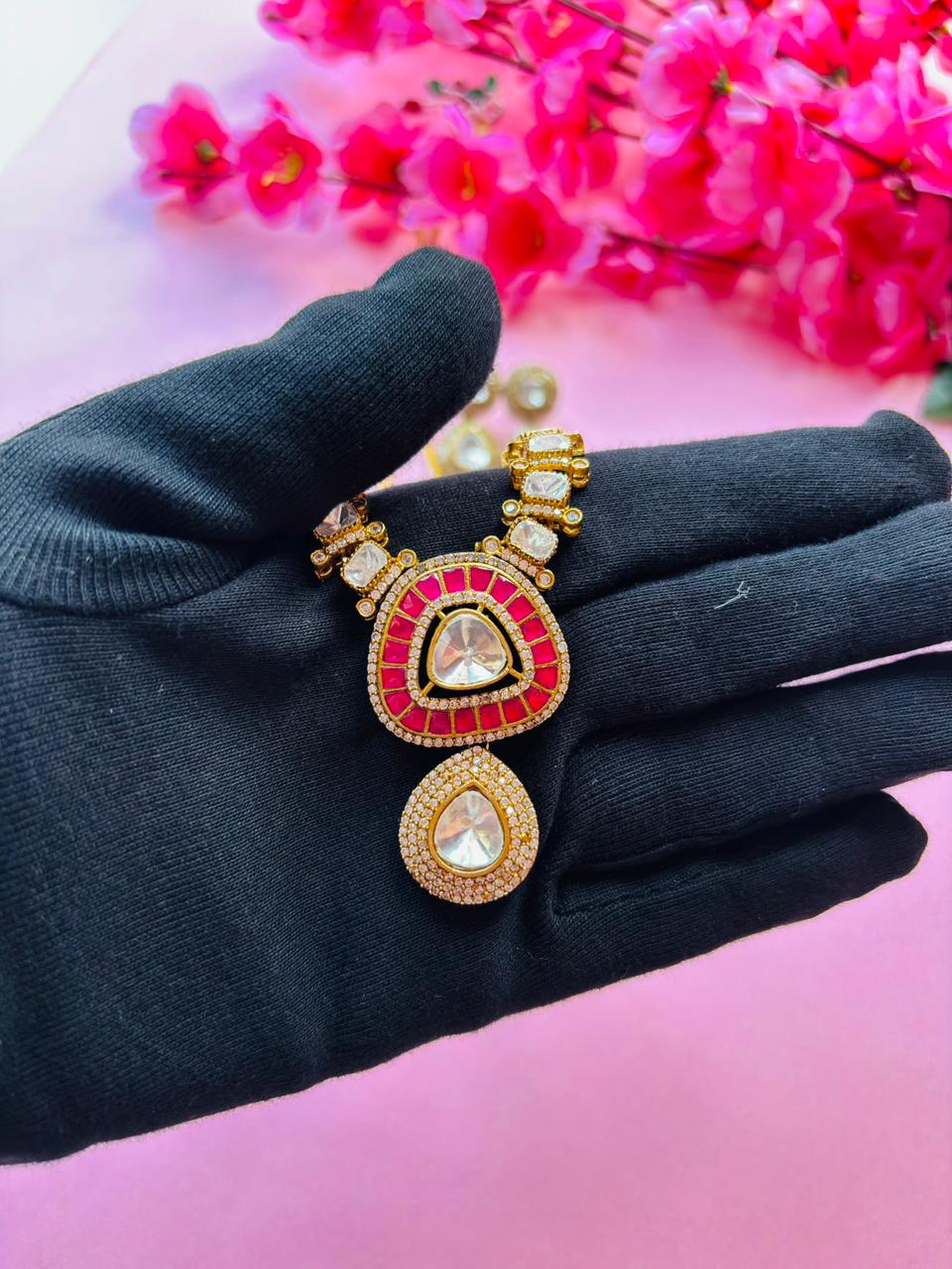 Kundan Ruby Pendant Chain Necklace Set - Image 4