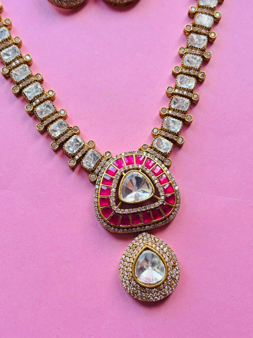 Kundan Ruby Pendant Chain Necklace Set - Image 3