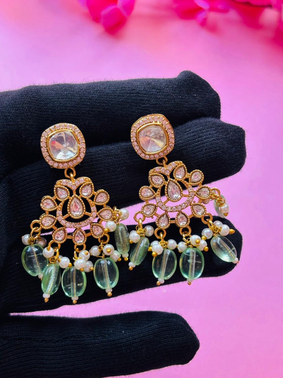Kundan Mint Beaded Necklace Set - Image 7