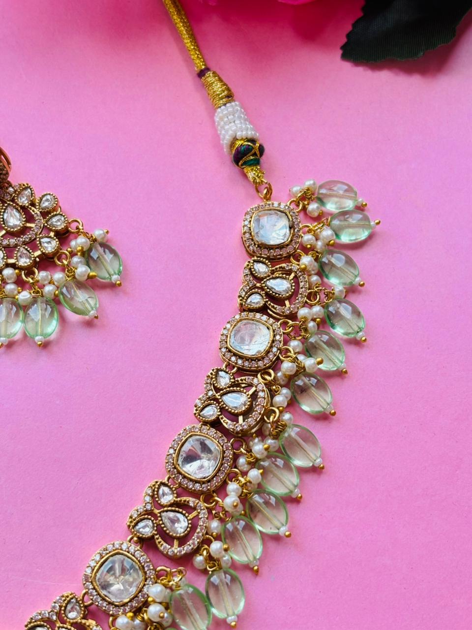 Kundan Mint Beaded Necklace Set - Image 3