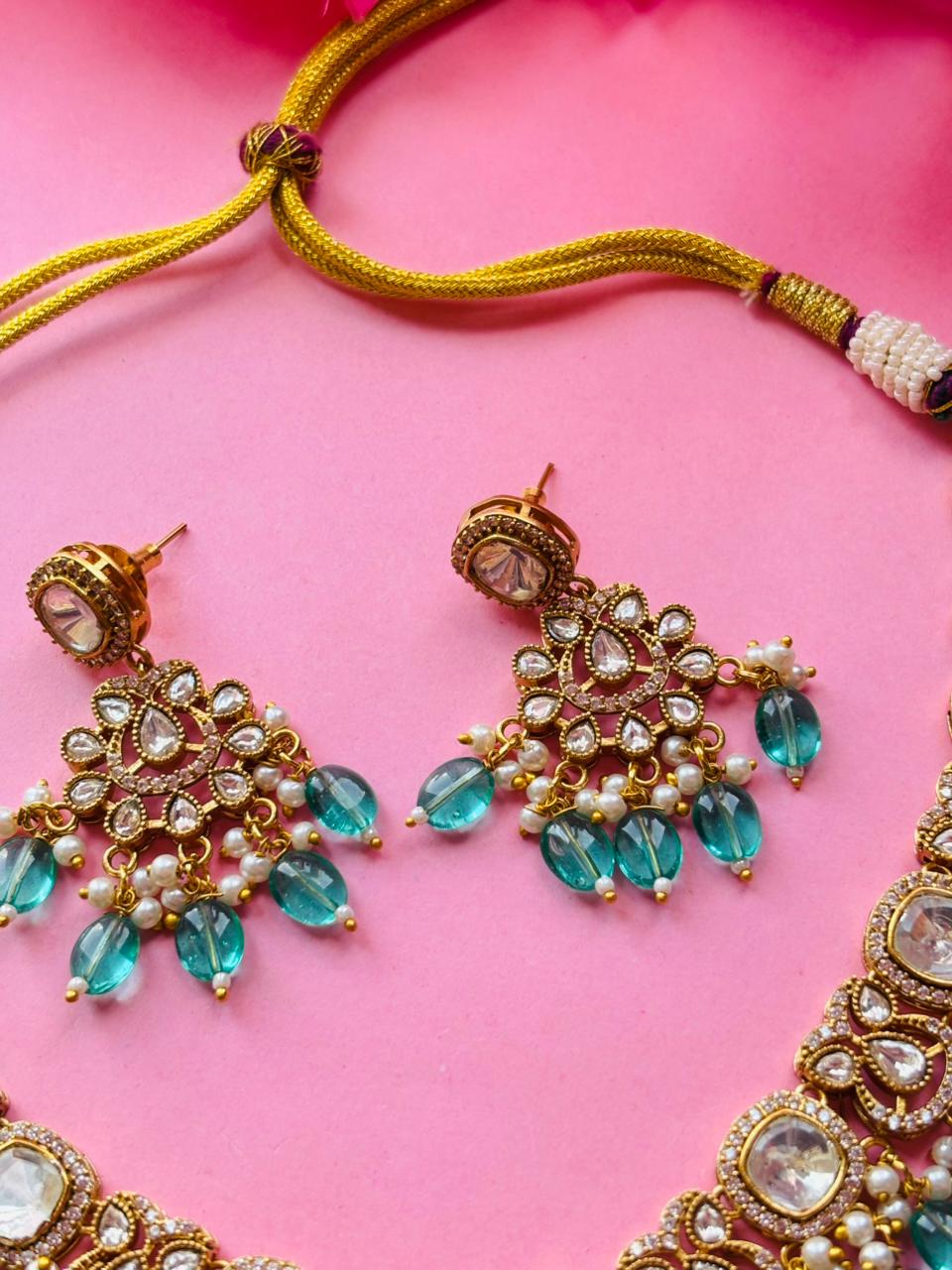 Kundan Blue Beaded Necklace Set - Image 5