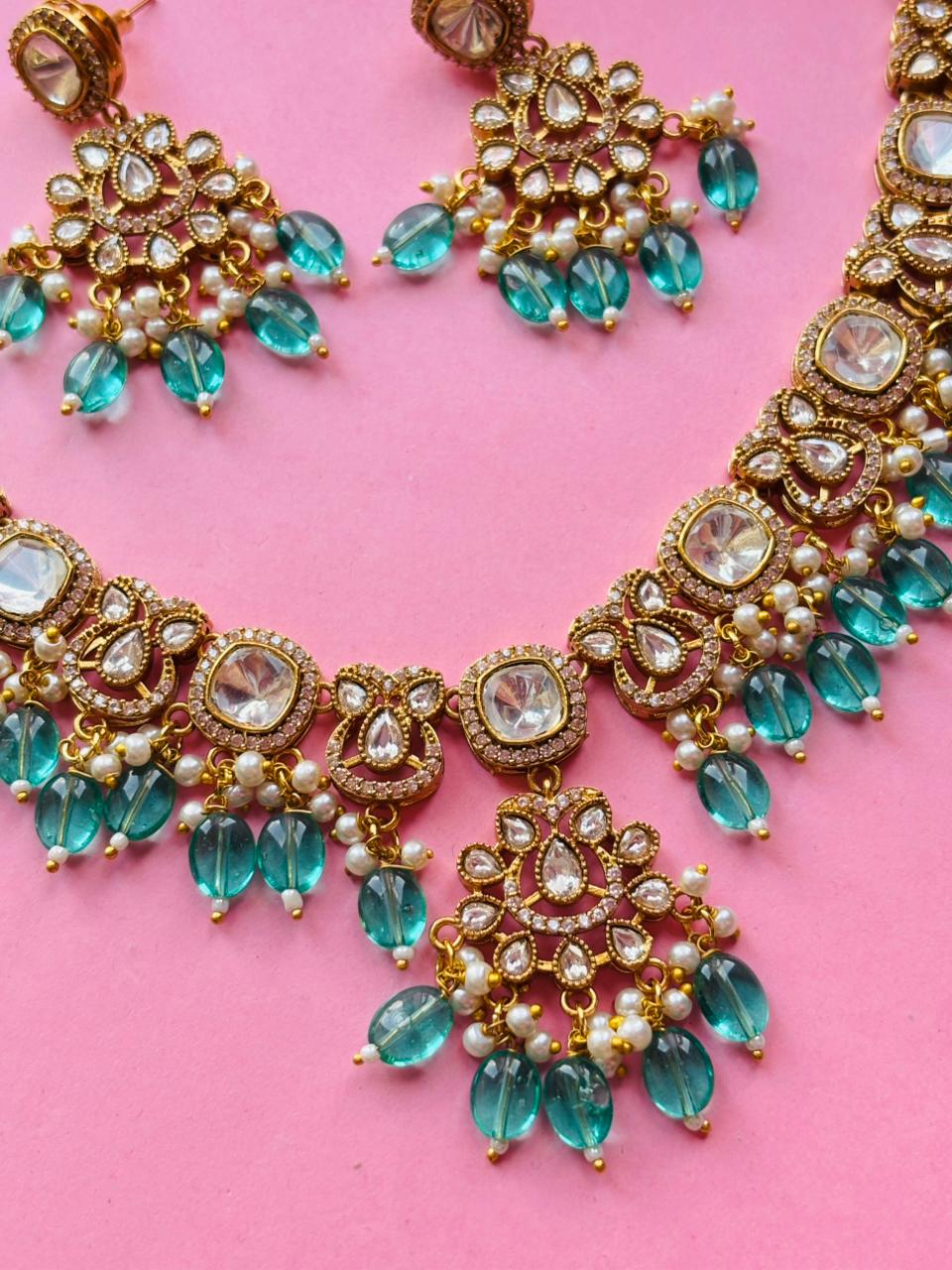 Kundan Blue Beaded Necklace Set - Image 3