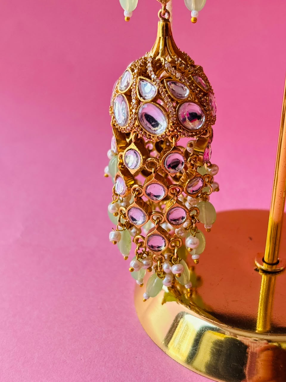 Kundan Chandbali Jhumka Earrings with Pearl & Bead Tassels - Image 3