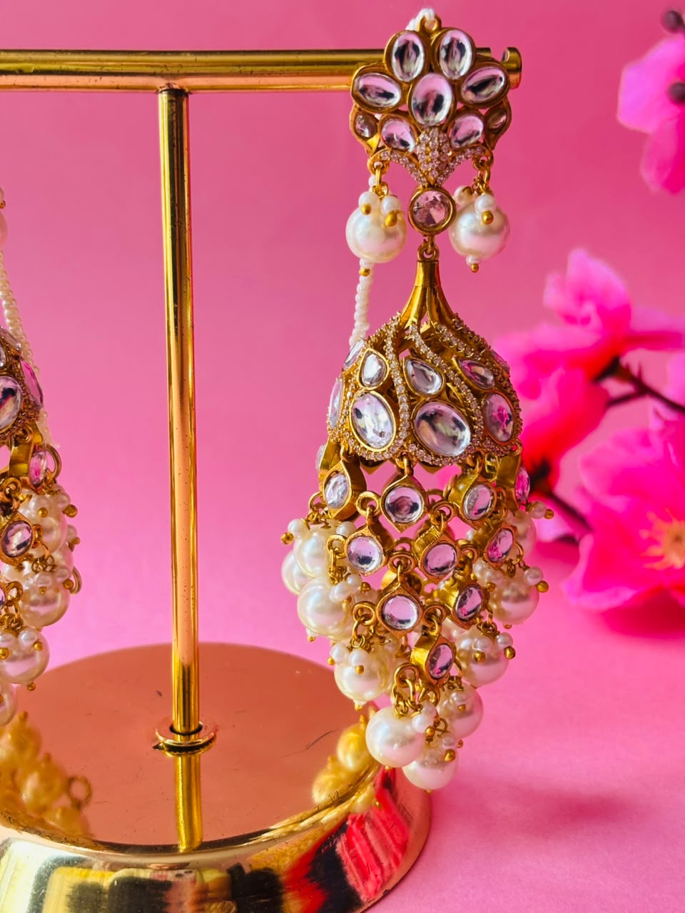 Kundan Chandbali Jhumka Earrings with Pearl & Bead Tassels - Image 3