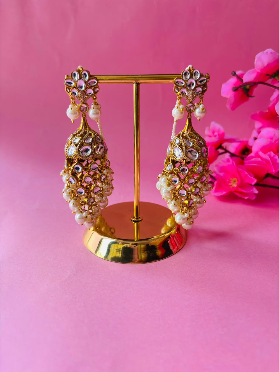 Kundan Chandbali Jhumka Earrings with Pearl & Bead Tassels - Image 2