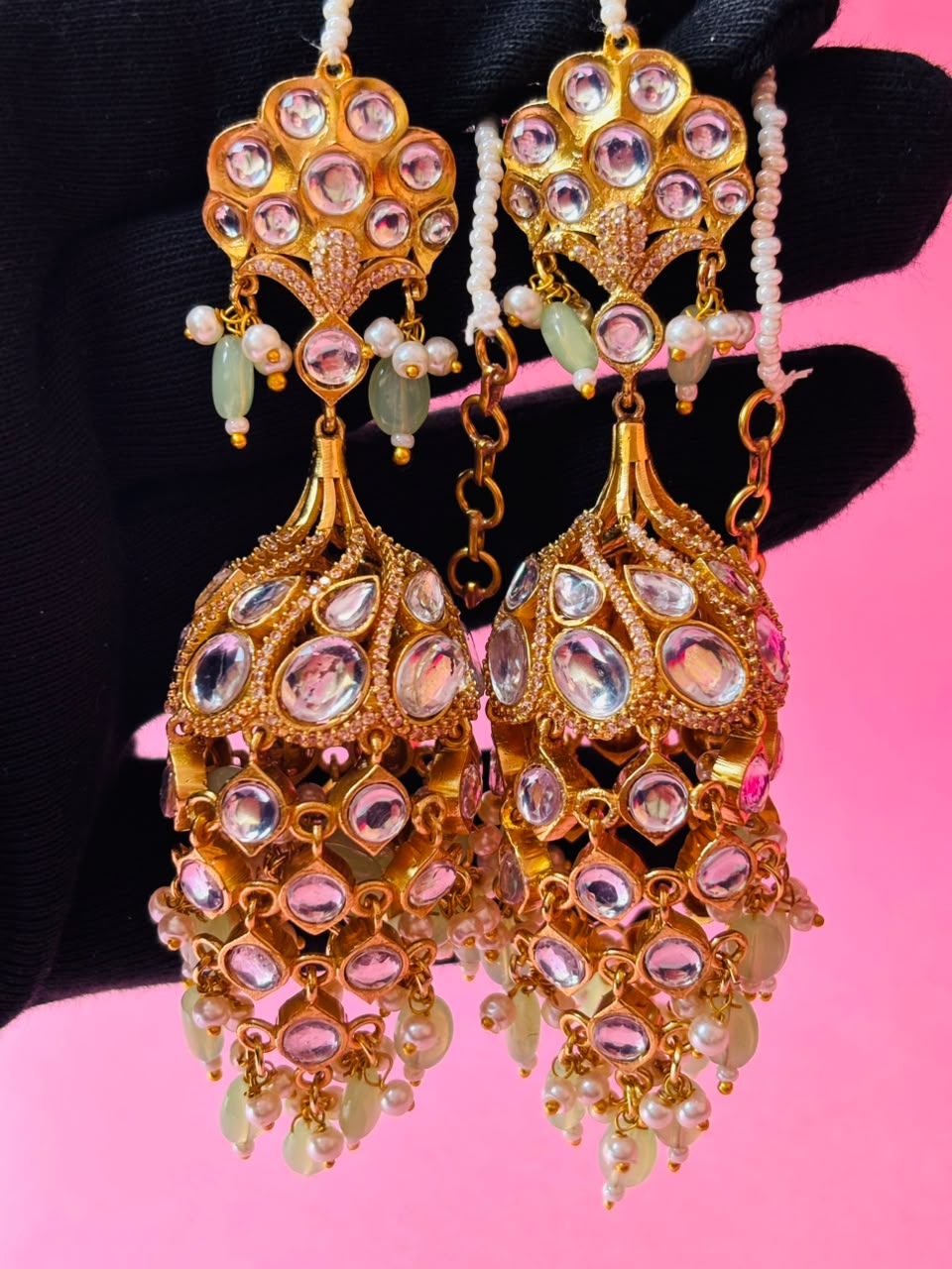 Kundan Chandbali Jhumka Earrings with Pearl & Bead Tassels - Image 6