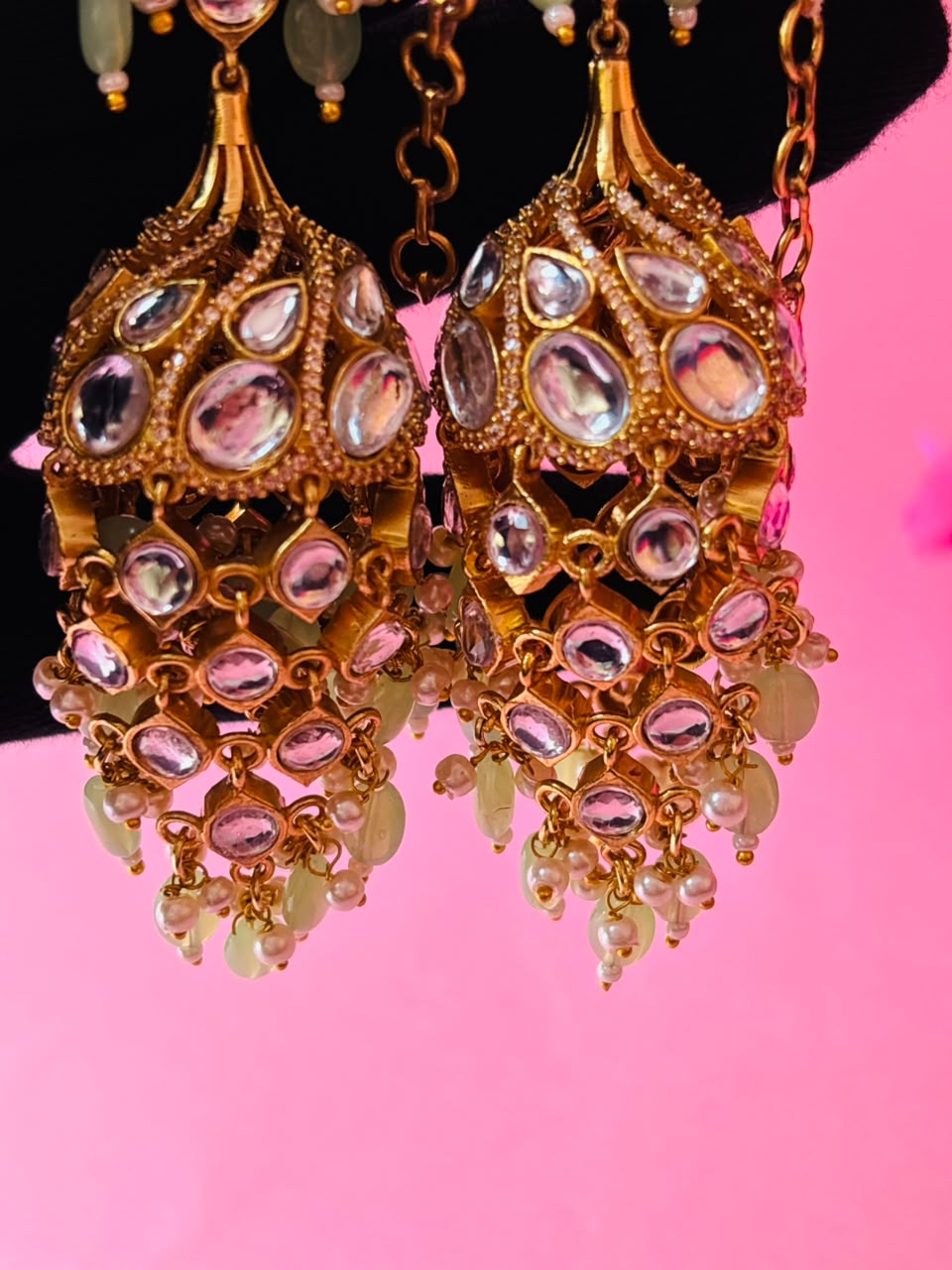 Kundan Chandbali Jhumka Earrings with Pearl & Bead Tassels - Image 5