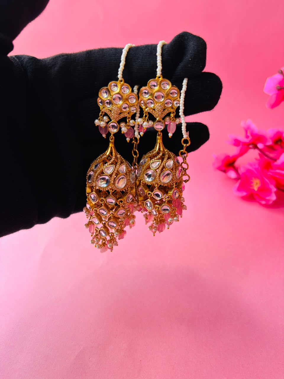 Kundan Chandbali Jhumka Earrings with Pearl & Bead Tassels - Image 5