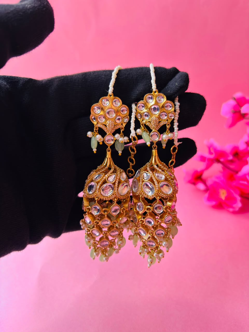 Kundan Chandbali Jhumka Earrings with Pearl & Bead Tassels - Image 4