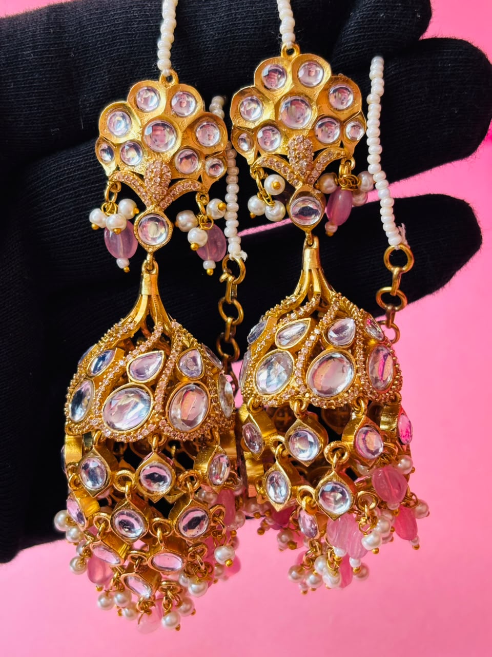 Kundan Chandbali Jhumka Earrings with Pearl & Bead Tassels - Image 8