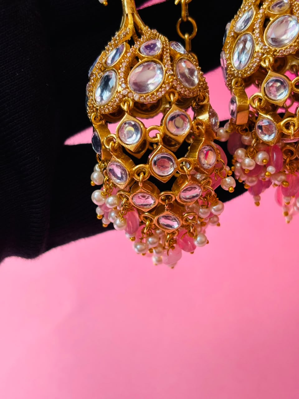 Kundan Chandbali Jhumka Earrings with Pearl & Bead Tassels - Image 7