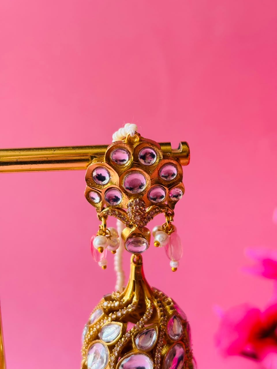 Kundan Chandbali Jhumka Earrings with Pearl & Bead Tassels - Image 4
