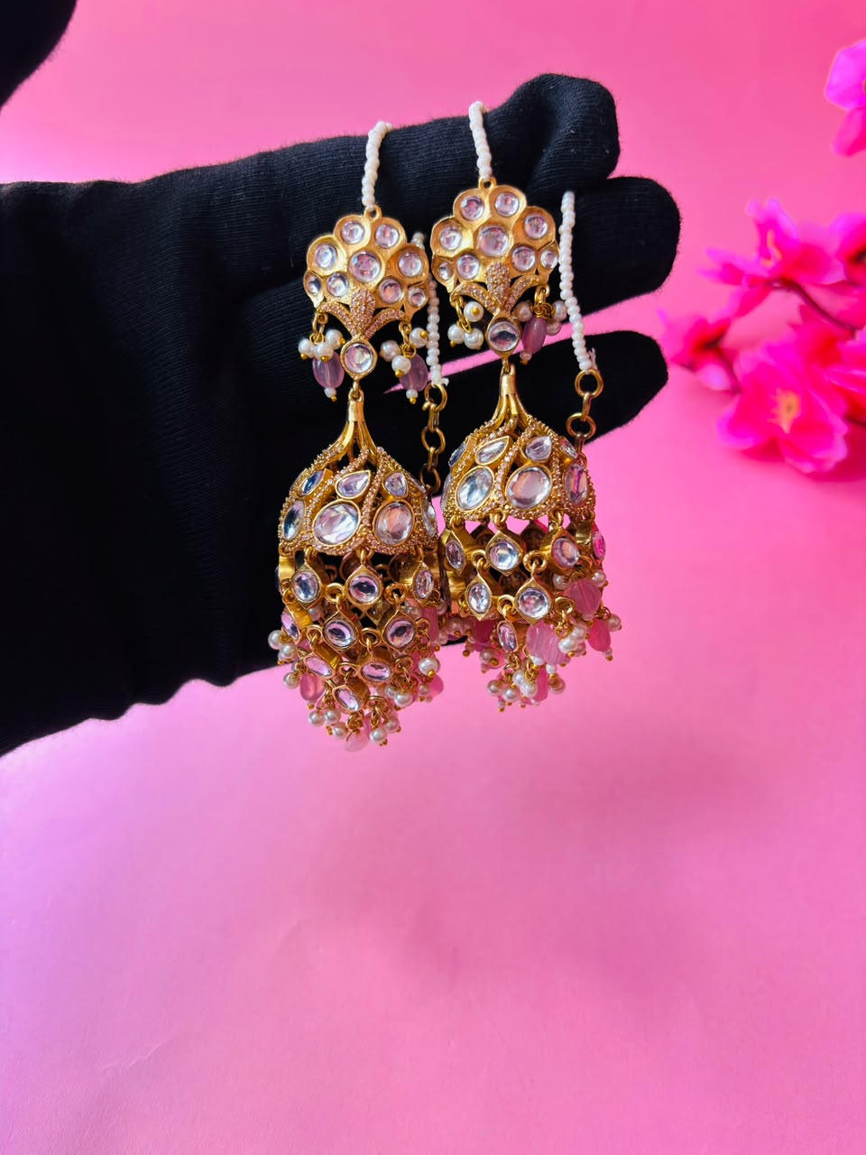 Kundan Chandbali Jhumka Earrings with Pearl & Bead Tassels - Image 6