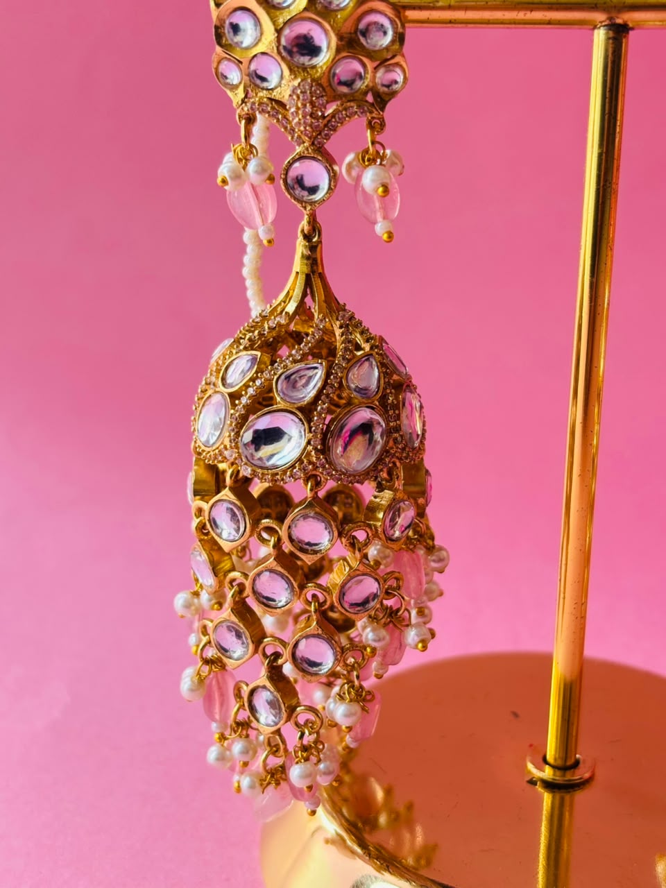 Kundan Chandbali Jhumka Earrings with Pearl & Bead Tassels - Image 3