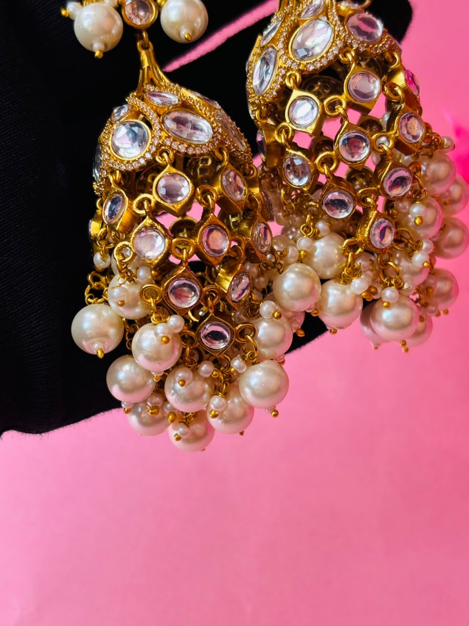 Kundan Chandbali Jhumka Earrings with Pearl & Bead Tassels - Image 7